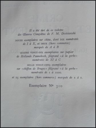 Dostoïevski Crime et Châtiment journal de Raskolnikov 2 tomes NRF Gallimard 1931 sur chiffon de Bruges numérotée 310/1000 littérature Russie Dostoïevski Crime et Châtiment journal de Raskolnikov 2 tomes NRF Gallimard 1931 sur chiffon de Bruges numérotée 310/1000 littérature Russie