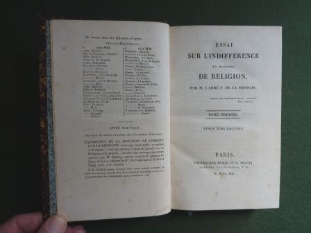 Essai sur l’indifférence en matière de religion de la Mennais 4 tomes Tournachon-Molin et Seguin christianisme philosophie