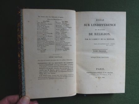 Essai sur lindiffrence en matire de religion de la Mennais 4 tomes Tournachon-Molin et Seguin christianisme philosophie