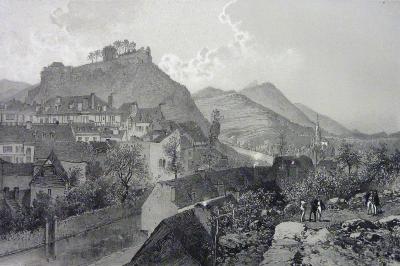 Vue de Lourdes Hautes Pyrénées lithographie Eugène Cicéri